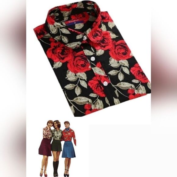 Premium quality rose floral long sleeve cotton button down shirt size S/M - Picture 1 of 11